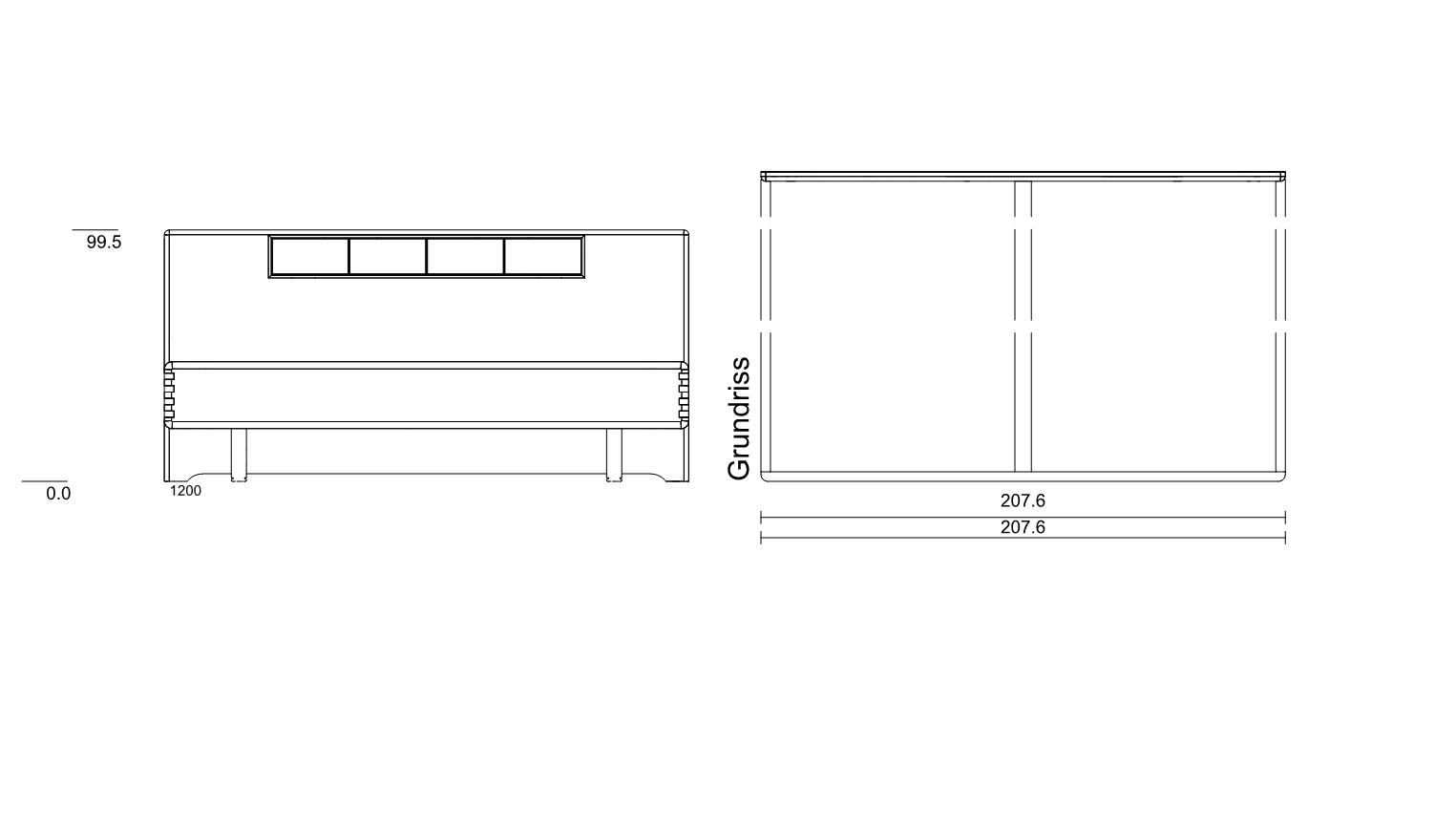 Type 1200 | Liegefläche: 200,0 × 200,0 cm  | Stellfläche: 207,6 × 207,6 cm