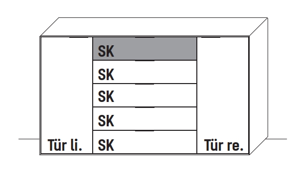 Type 3180MG1 | Kommode, 5 Schubkästen, 2 Türen, 2 E-Böden, 1 x Mattglas