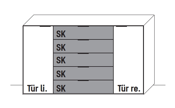 Type 3180MG5 | Kommode, 5 Schubkästen, 2 Türen, 2 E-Böden, 5 x Mattglas