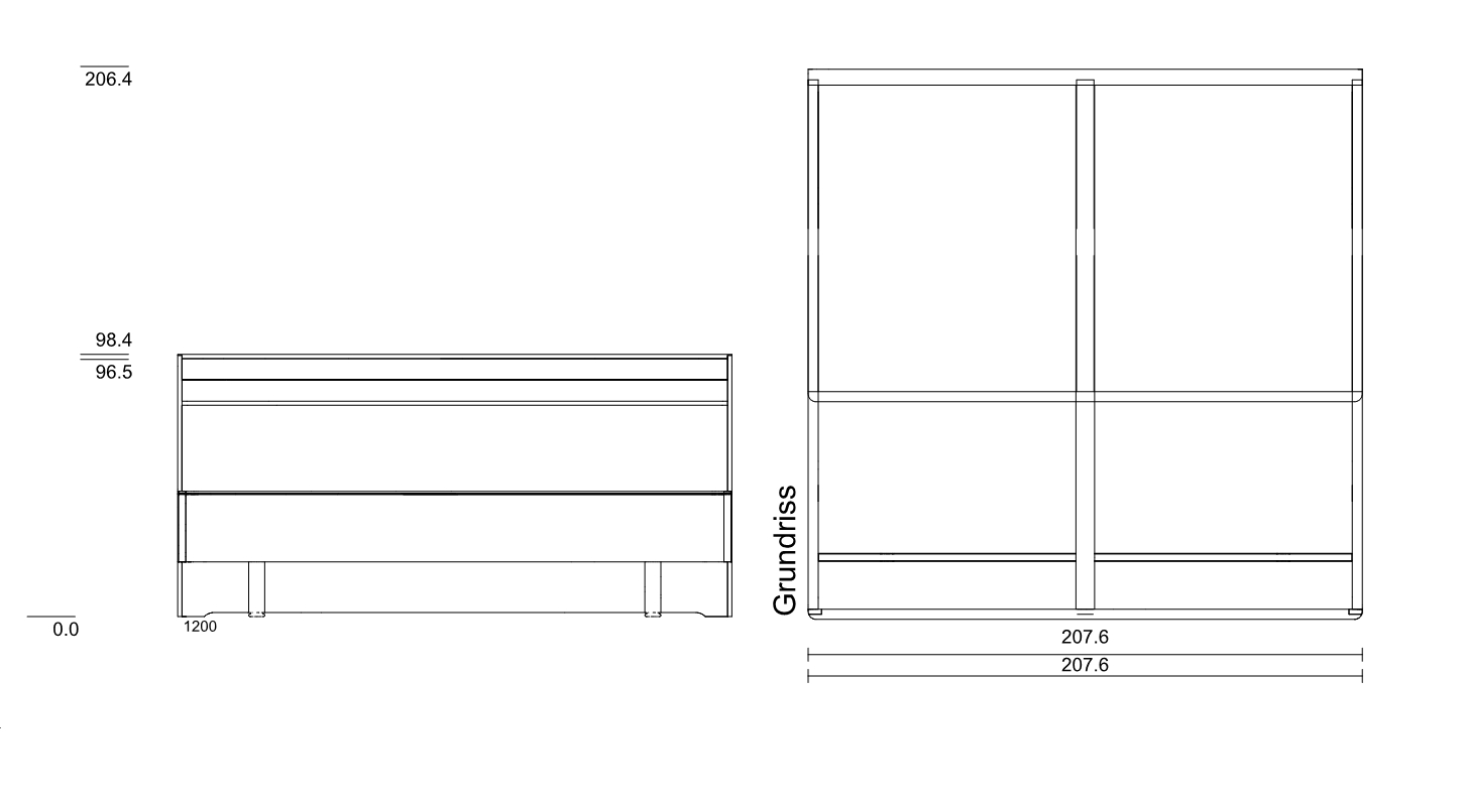 Type 1200 | Liegefläche: 200,0 × 200,0 cm  | Stellfläche: 207,6 × 209,1 cm