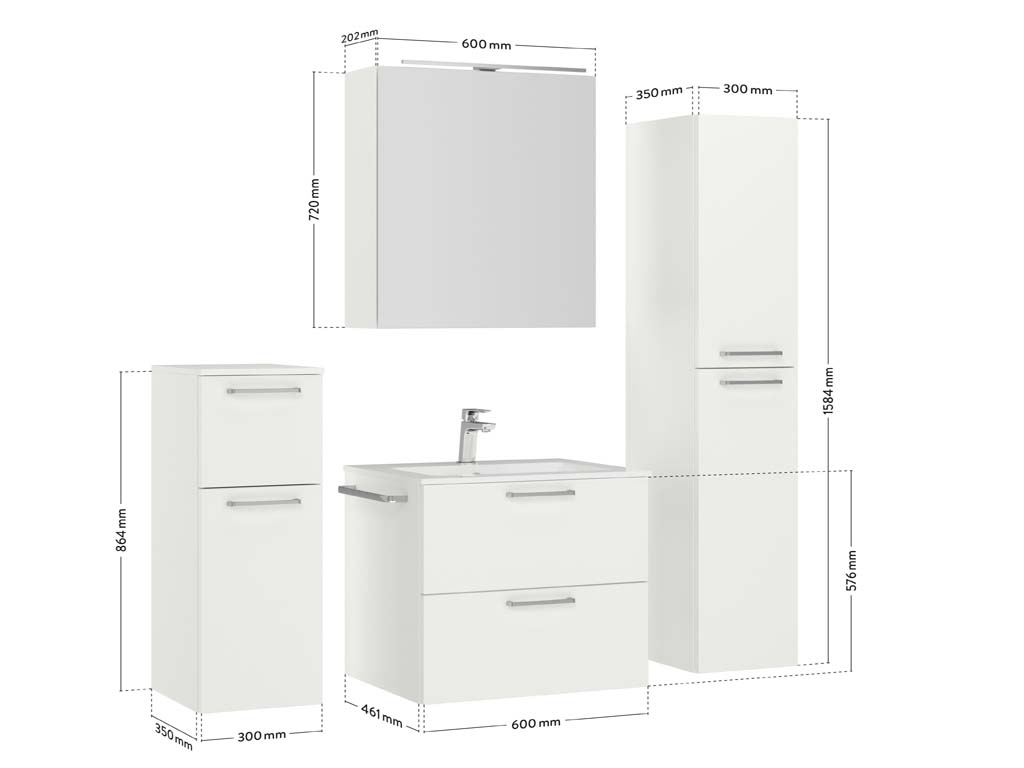 Badezimmermöbel-Set 3 Schränke weiß mit Waschtisch und Spiegelschrank Maßzeichnung nobilia 