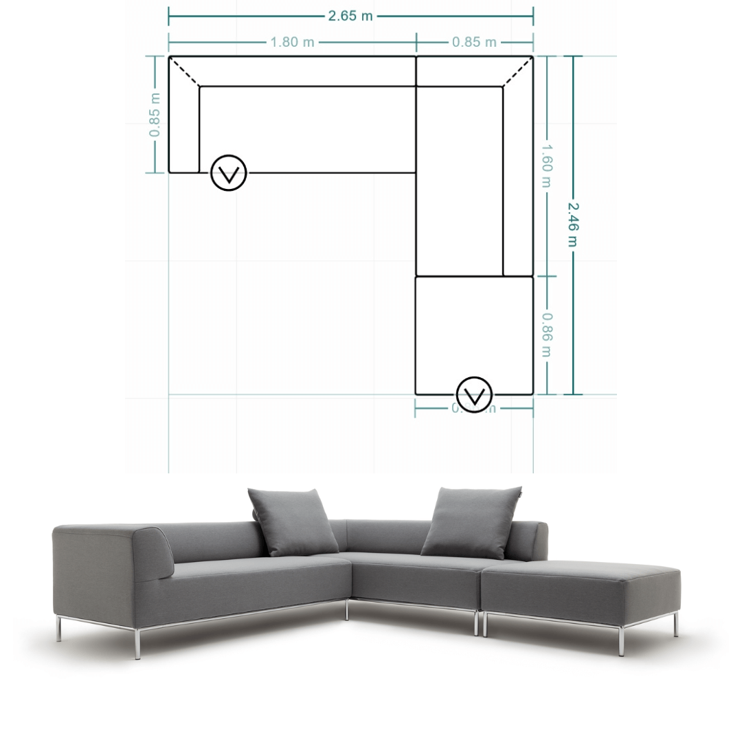 graue Eckcouch mit grauen Kissen und Maßzeichnung