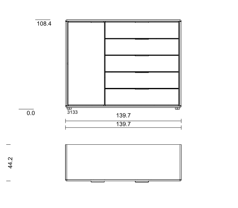 Type 3133 | Kommode, 1 Tür, 5 Schubkästen | B 139,8 × H 108,4 × T 44,2 cm