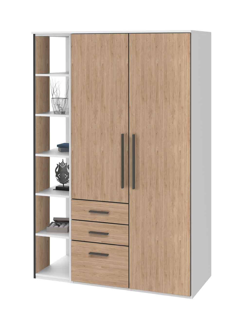 Röhr Bush. qunit - 2 türiger Kleiderschrank mit Anbauregal | Korpus weiß | Front Holzoptik, braun |  B: 161 cm 