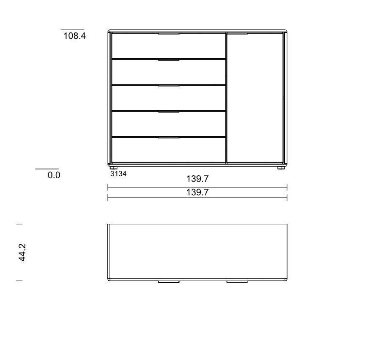 Type 3134 | Kommode, 5 Schubkästen, 1 Tür, spiegelseitig | B 139,8 × H 108,4 × T 44,2 cm