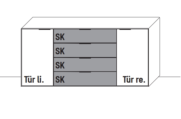 Type 2180MG4 | Kommode, 4 Schubkästen, 2 Türen, 2 E-Böden, 1 x Mattglas
