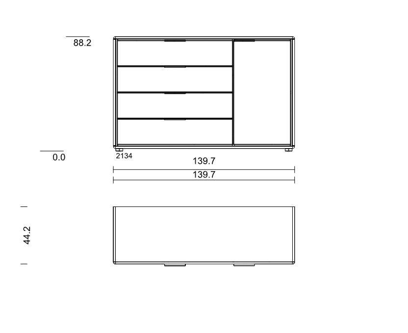 Type 2134 | Kommode, 4 Schubkästen, 1 Tür, spiegelseitig | B 139,8 × H 88,2 × T 44,2 cm