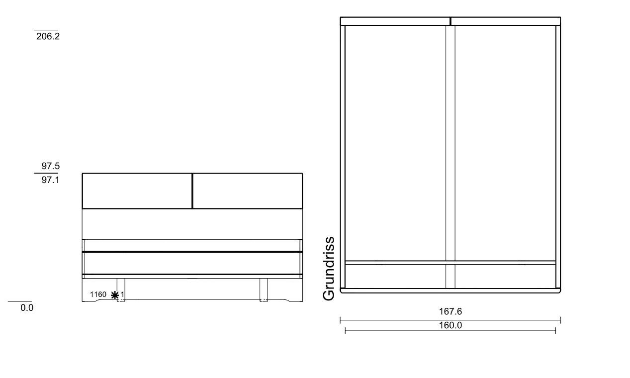 Type 1160 | Liegefläche: 160,0 × 200,0 cm  | Stellfläche: 167,6 × 210,0 cm