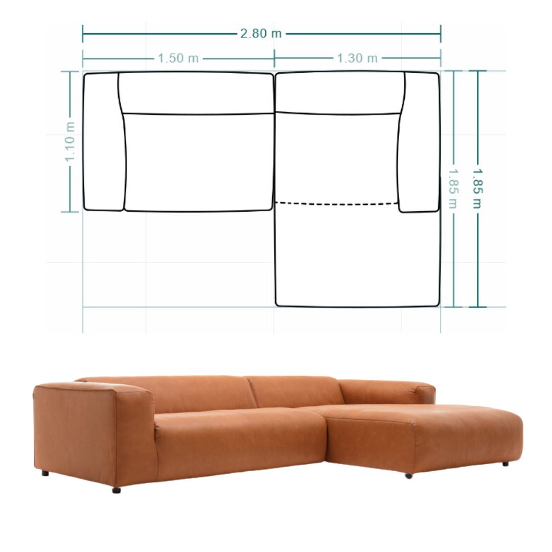 Maßzeichnung und Vorschaubild orange Couch freistil 187
