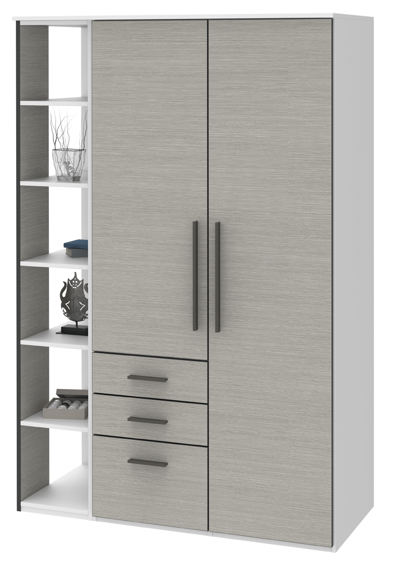 Röhr Bush. qunit - 2 türiger Kleiderschrank mit Anbauregal | Korpus weiß | Front Riffeloptik, grau |  B: 161 cm 