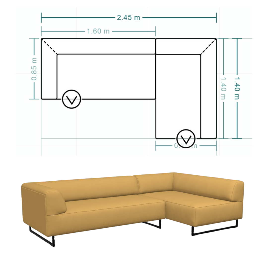 gelbe Eckcouch mit Maßzeichnung