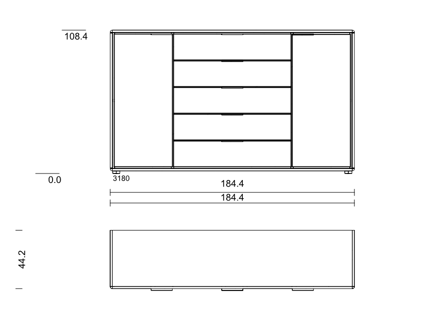 Type 3180 | Kommode, 2 Türen, 5 Schubkästen | B 184,6 × H 108,4 × T 44,2 cm