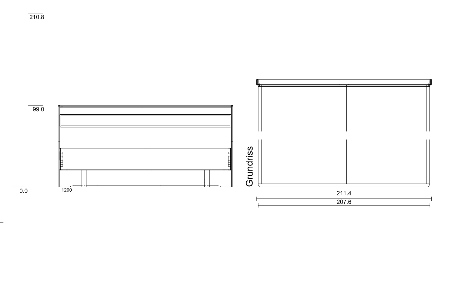 Type 1200 | Liegefläche: 200,0 × 200,0 cm  | Stellfläche: 208,0 × 210,8 cm