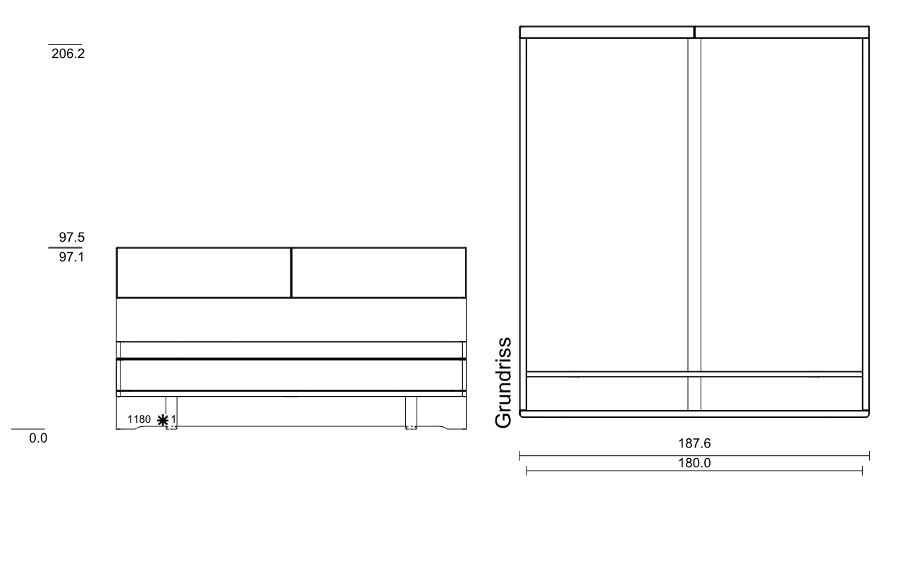 Type 1180 | Liegefläche: 180,0 × 200,0 cm  | Stellfläche: 187,6 × 210,0 cm