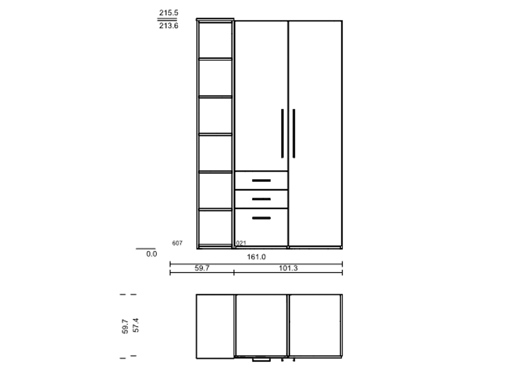 Röhr Bush. qunit - 2 türiger Kleiderschrank mit Anbauregal | Korpus weiß | Front Riffeloptik, grau |  B: 161 cm 