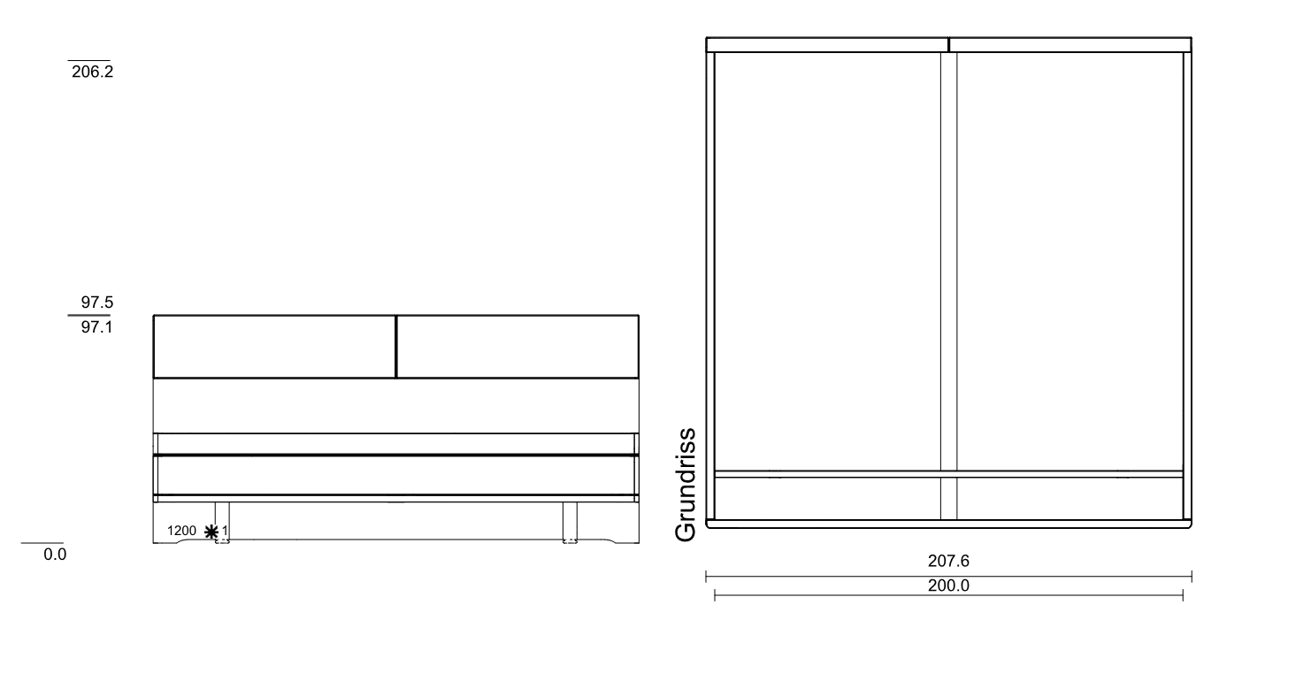 Type 1200 | Liegefläche: 200,0 × 200,0 cm  | Stellfläche: 207,6 × 210,0 cm